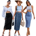 Women's Casual Denim Jean Skirt Long Split Hip with Breathable Ruffled Sequined Feathers Decorations Natural Waistline