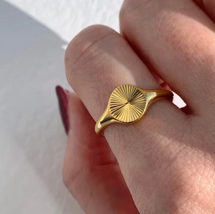 MICCI Wholesale High Quality Women's 18K Gold Plated Stainless Steel Jewelry Sunflower Sunshine Burst Sunburst Texture Rings