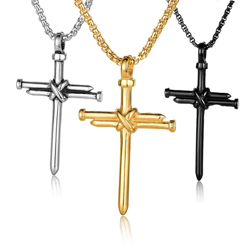 Men's Fashion Simple 18K PVD Gold Stainless Steel Crucifix Nail Cross Charm Catholic Pendant Necklace with Plating for Gift