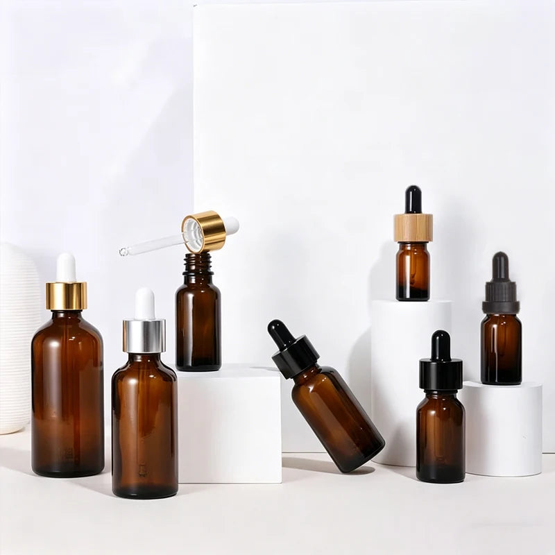Empty 5ml 10ml 15ml 20ml 30ml 50ml 100ml Amber Glass Essential Oil Bottles with Bamboo Lid Dropper