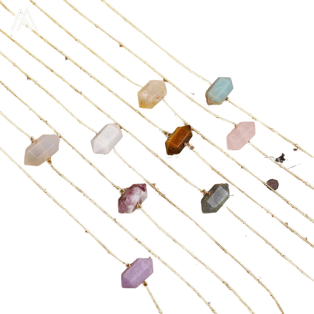 Double Stick Point Pendant Necklace Handmade Fine Jewelry with Natural Real Crystal Hexagon Stone Gold Plated