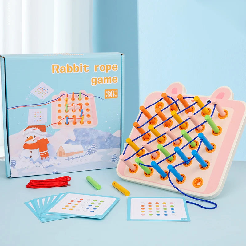 New Rabbit Style Wholesale Educational Wooden Animal Lacing Game Kids Rope Thread Stick Exercise Hand-eye Coordination Toy