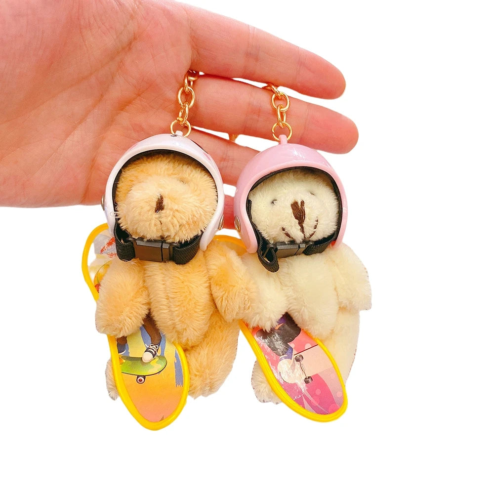 Wholesale Skateboard Teddy Bear Plush Keychain Cute Helmeted Bear Key Chains Student Gift Plush Toys Pendant Teddy Bear Keychain