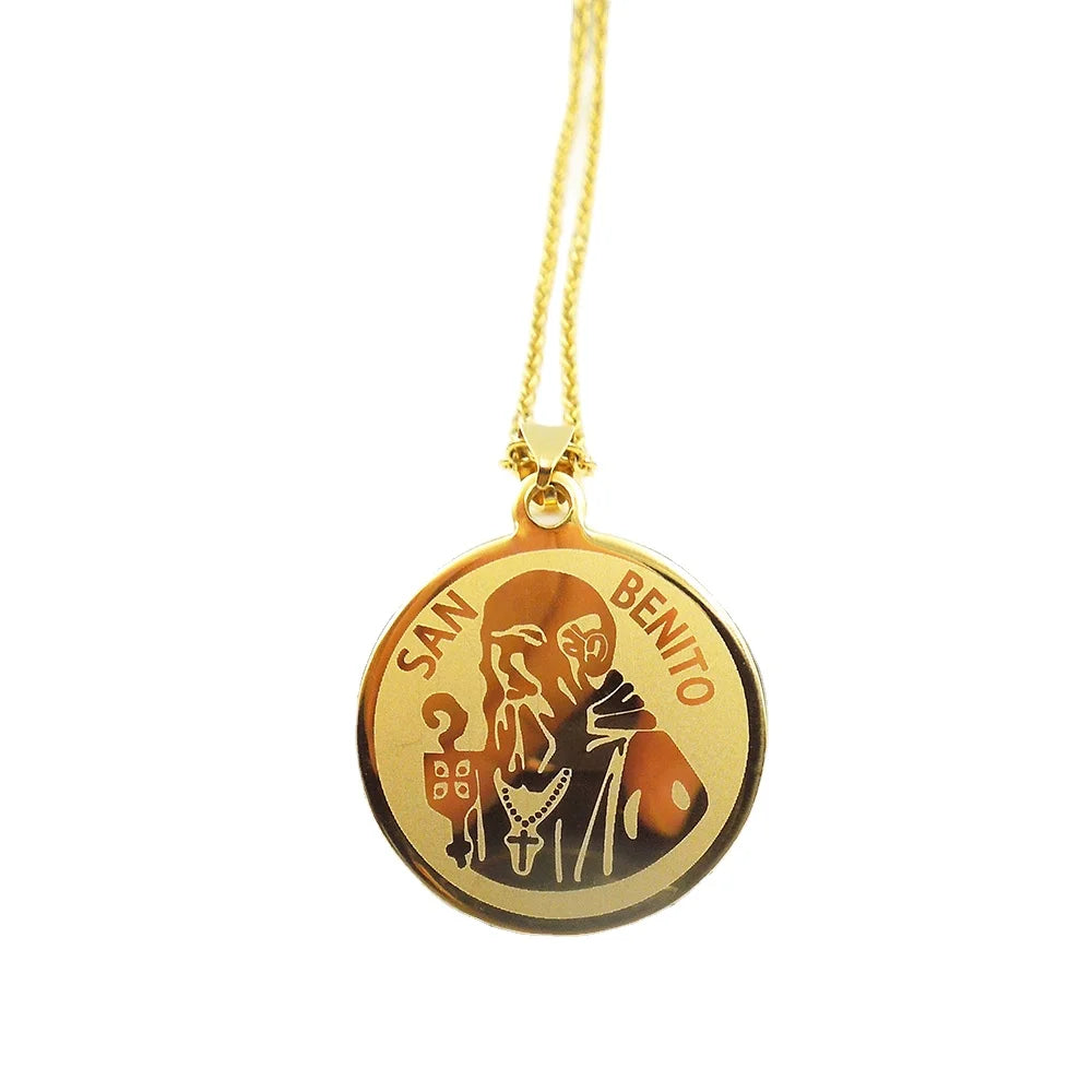 Stainless Steel Custom Initial SAN BENITO Pendant Necklace Religion Christian Cross Charm Link Chain 24K Gold Plated Unisex
