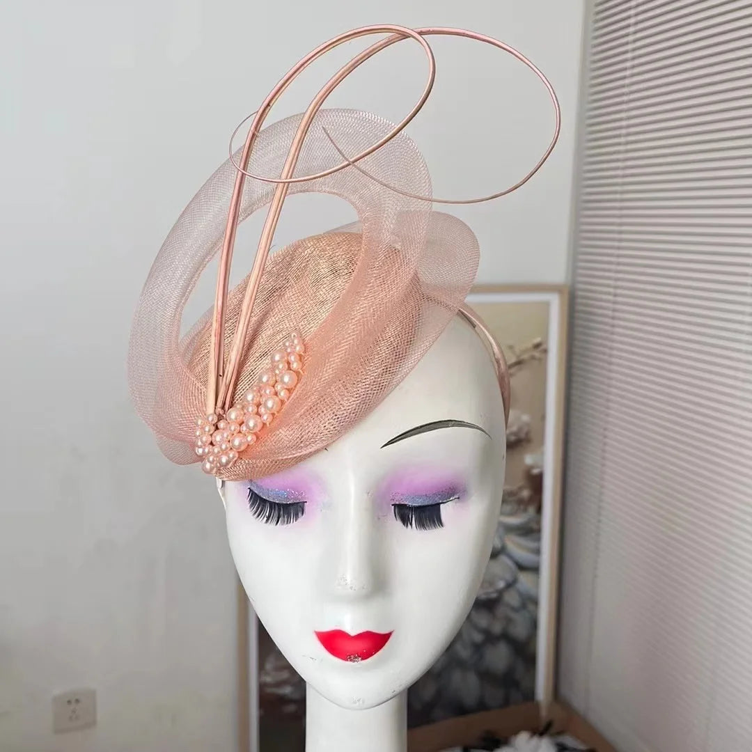 Summer New Arrival Vintage Hemp Yarn Feather Fascinator Hats Wedding Church Derby Sinamay Clip Headpiece  Hairband Headwear