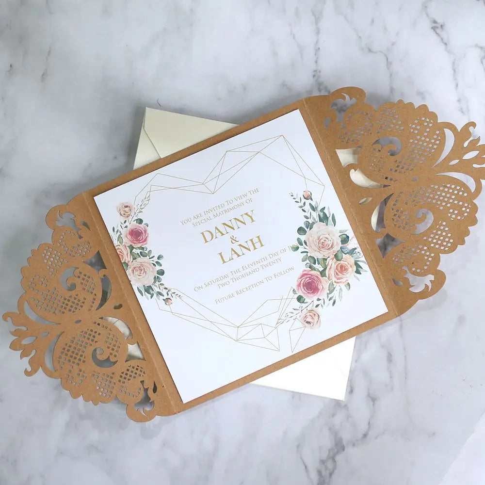 Vintage Paper Laser Cutting Invitation Cards Handmade Birthday Wedding Invitations Blank Envelope Featuring Music Angel Cross