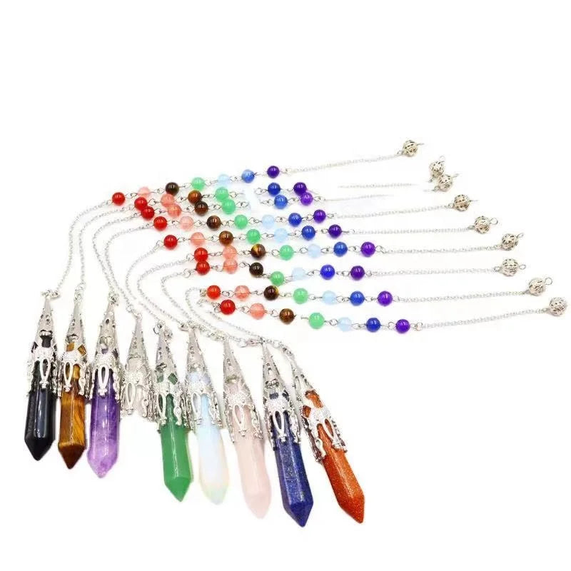 Natural  Healing Crystal Stones Jade Hexagonal Pyramid Seven Chakras Spiritual Pendulum with Chain Yoga Divination Energy Stone