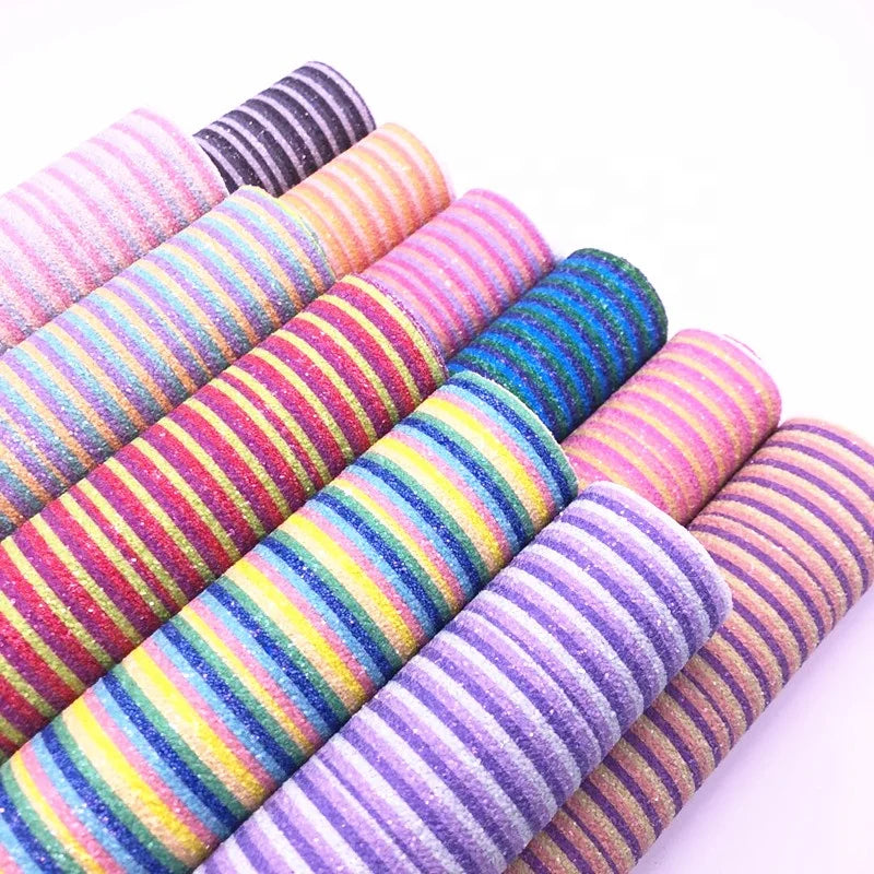 Striped Rainbow Glitter Faux Leather Vinyl Fabric Eco-Friendly for Shoes Hair Bows Garment Bags Decoration for Furniture Sofa