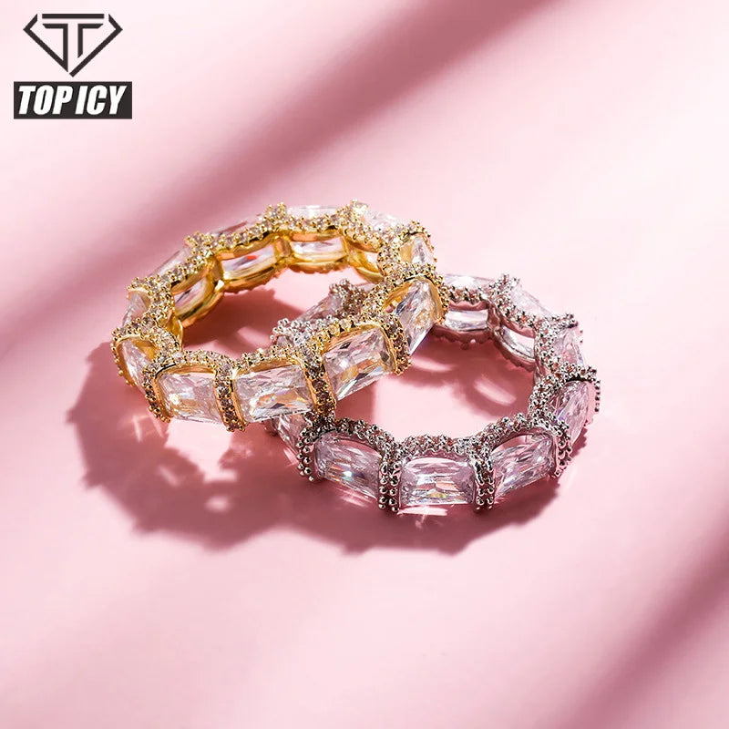 Top Icy New Arrival Fashion Rings  Cubic Zircon CZ Silver Full Diamond Baguette Ring