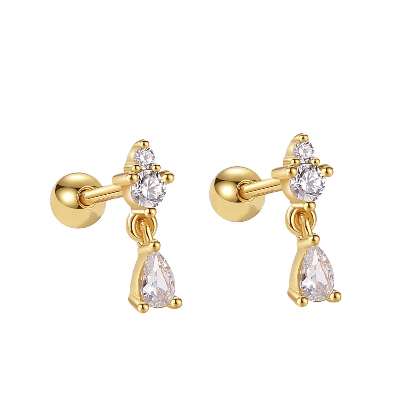 Top Sale 925 Sterling Silver 18k Gold Vermeil Cubic Zirconia Drop Barbell Stud Earrings for Women