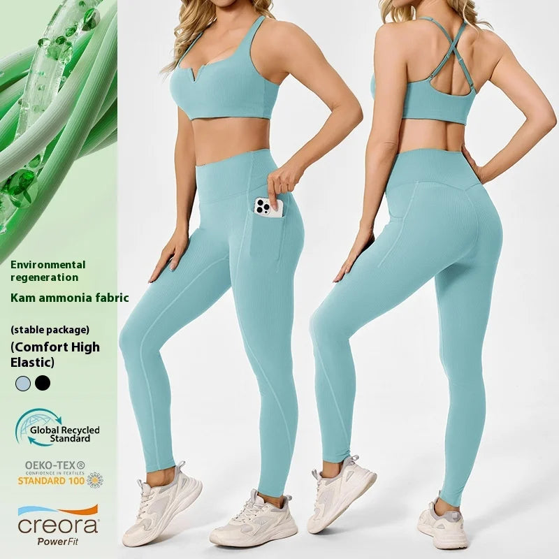 High Waist Sports Fitness Clothing Suit Environmentally Friendly Renewable Peach Yoga Apparel Spandex/Nylon Hip Belly Set