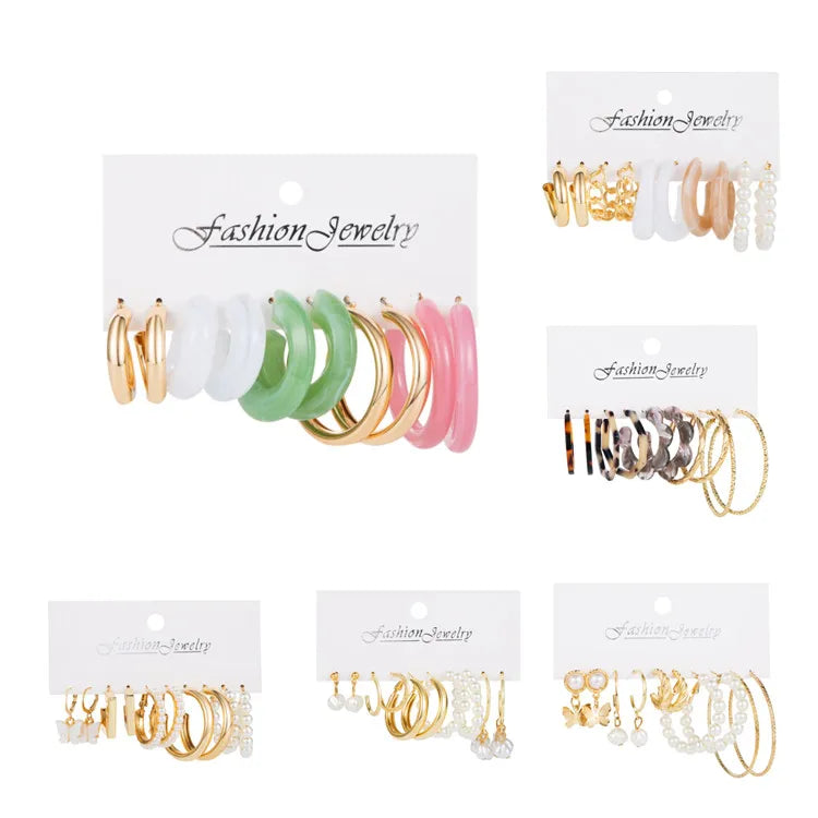 VKME 2022 Women's Trendy Gold Leopard Hoop Earrings Set Korean Resin Butterfly Acrylic Pearl Jewelry Gift for Girls