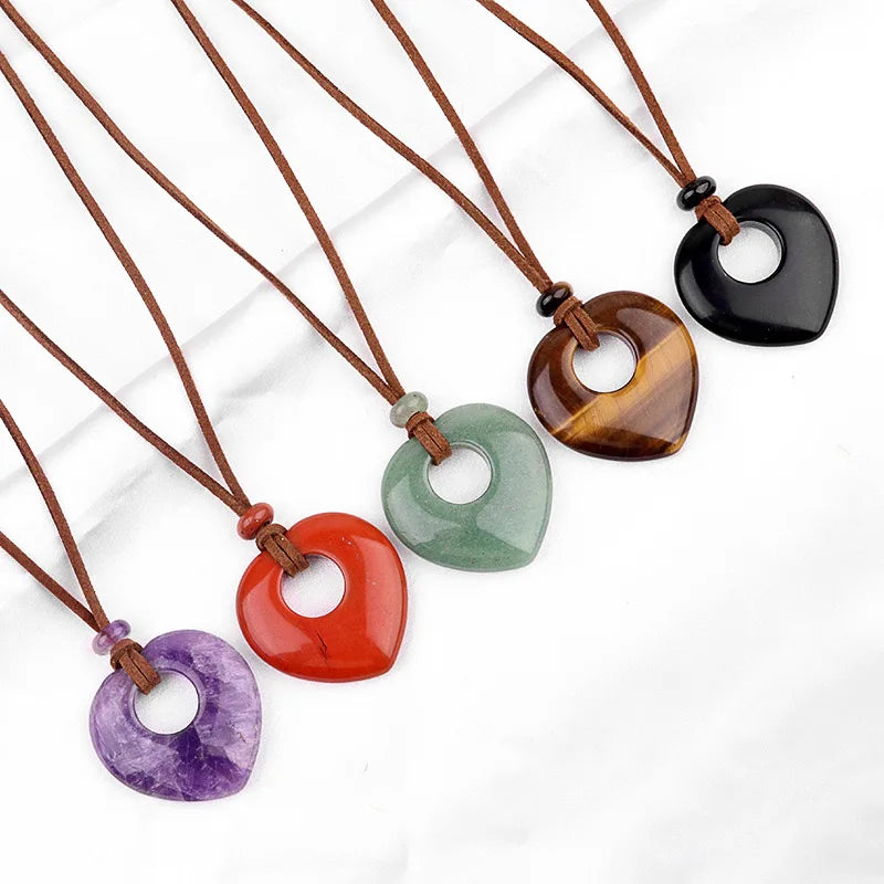 Natural Chevron Amethyst Clear Quartz Crystal Necklace Stone Heart Hollow Pendants for Gift