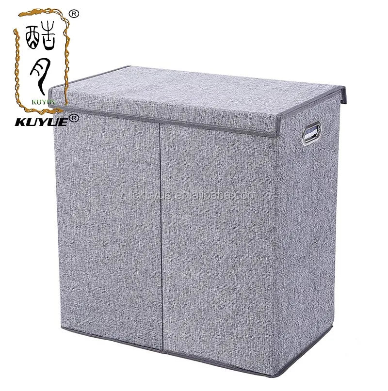 KUYUE Double Laundry Hamper With Lid Removable Liners Linen Hampers Grey Foldable Bin Easily Transport Clothes Basket