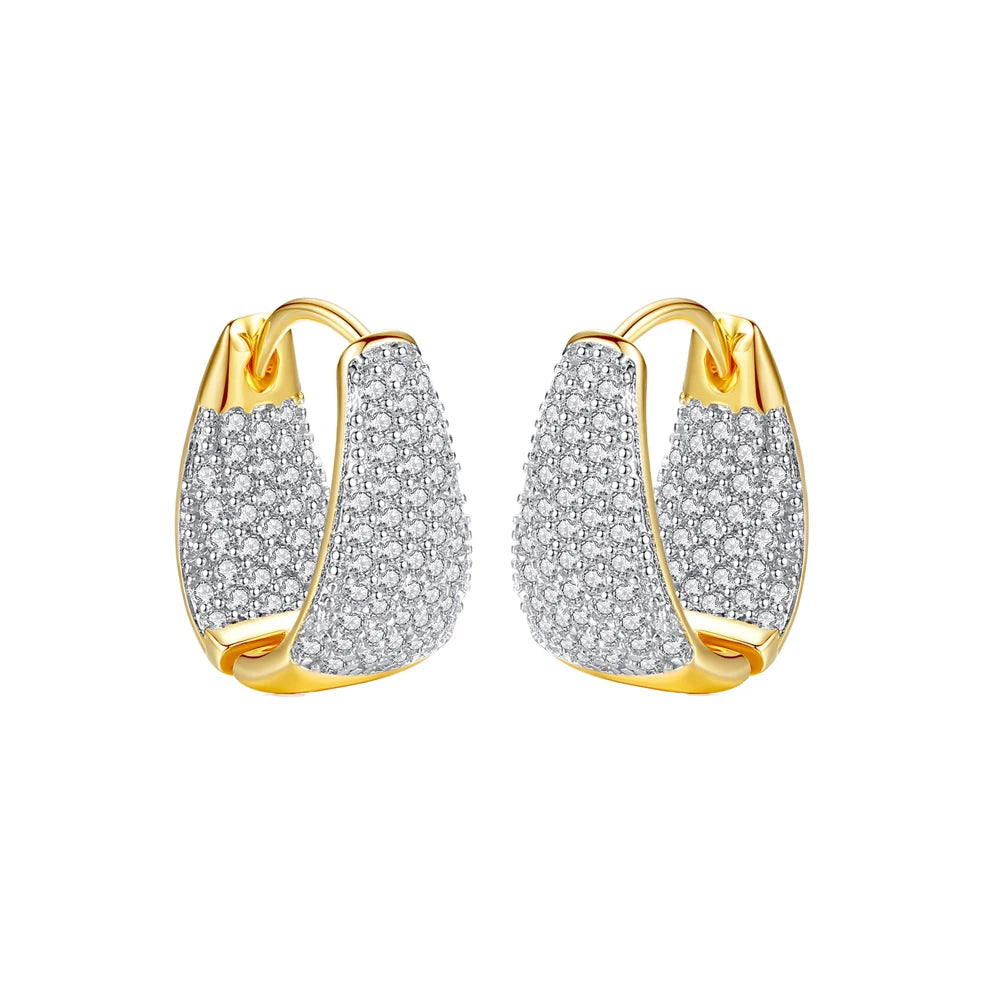 Micro Inlaid Gold Plated Bling Cubic Zirconia Two Tones Ear Buckle French Trendy Hoop Earrings for Women Double Sided CZ Jewelry