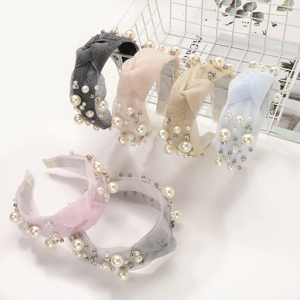 Korean Big Pearls Mesh Fabric Hair Hoop Luxury Middle Knotted Baroque Hair Band Accessories Womens Wide Brim Beaded Headbands
