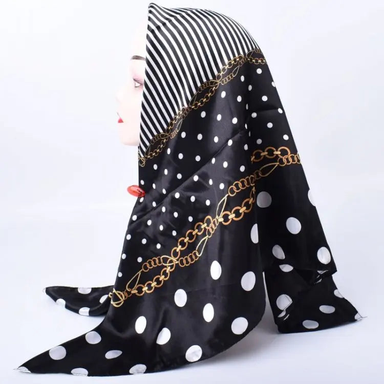 New Satin  90 Large Square Silk Scarf for Women Classic Stripes Dots Printed  Shawl  Muslim Hijab Other Scarves