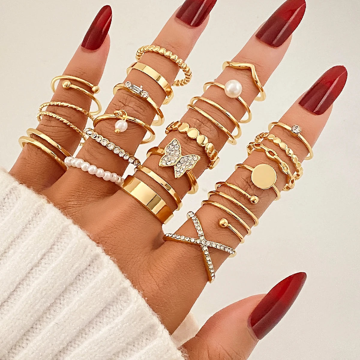 Wholesale 22pcs Fashion Gold Plated Shinny Butterfly Pearl Rings Sets for Women Jewelry Heart love Knuckle Finger Ring MegaBDM