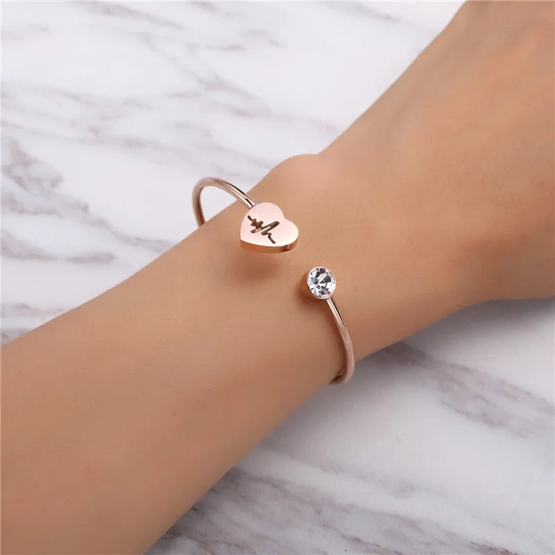 Minimalist ECG Diameter 60mm Stretch Titanium Steel Bangle Peach Heart Zircon Bracelet