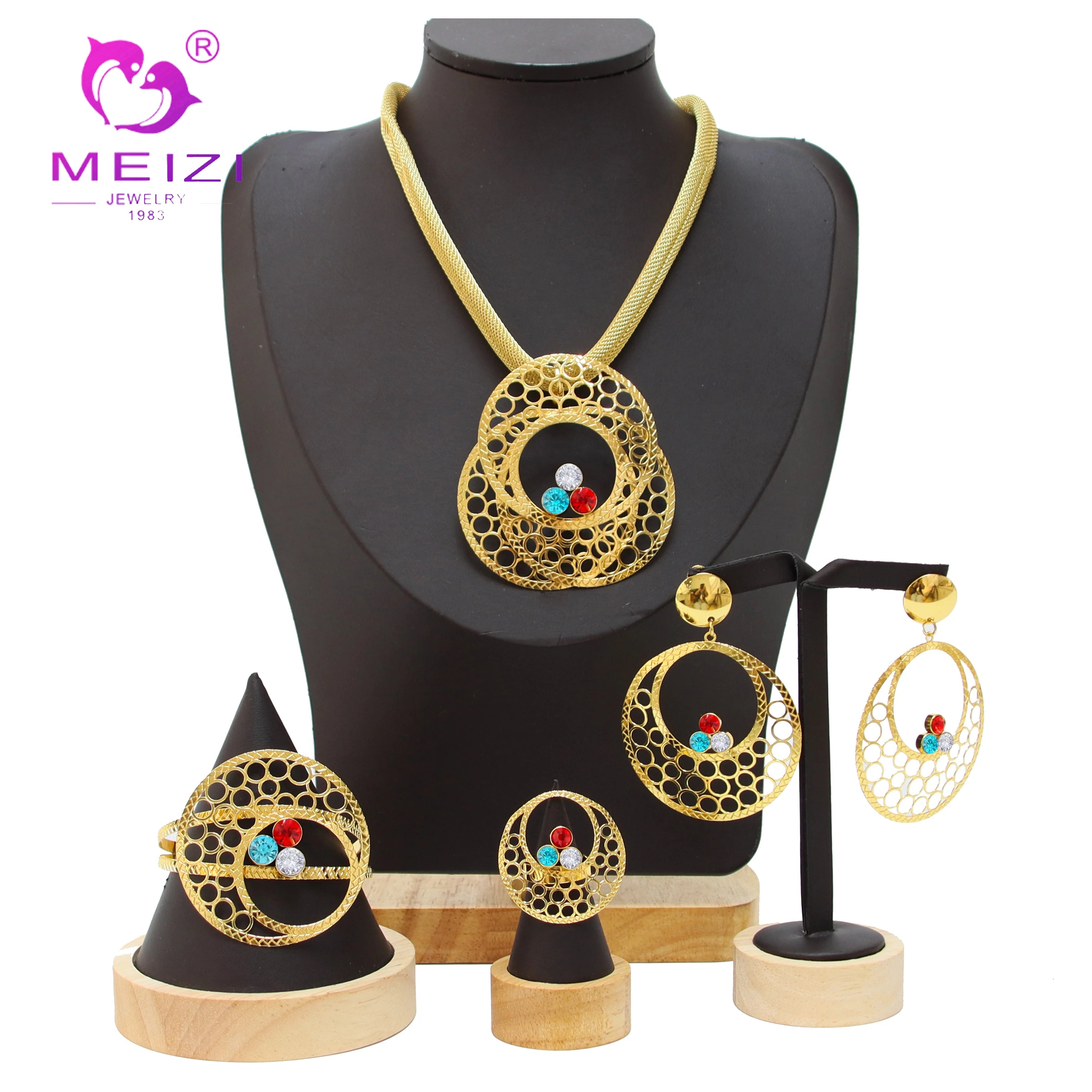 MEIZI Women's Jewelry Sets 18k Gold Plated Flower Design with Pearl Main Stone Wedding Exaggerated Necklaces Bracelets Rings