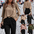 Women's O-Neck T-shirt Long Sleeved Button Solid Color Shirt Casual Top