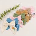 Floral Hair Bows Accessories Collection Handmade Fable Fabric Linen Embroidered Hair Clips