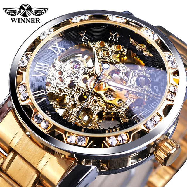 Winner Watch Luxury Diamond Skeleton Design Men's Watches Luminous Hands Silver Mechanical Wrist Male Clock Relogio Masculino
