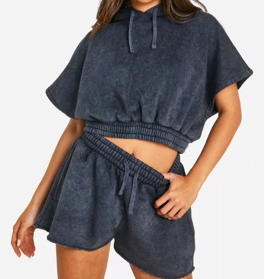 High-quality Women's Fashion Casual  Acid Wash Sleeveless Hoodie and Sweat Short Set