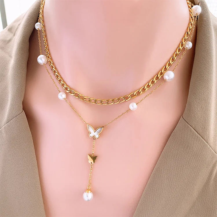 Collares Wholesale Gold Plated Fashion Choker Women Necklace Jewelry Pendent Stainless Steel Multi Layer Butterfly Necklace