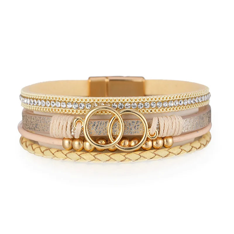 Boho Wrap Bracelets Leather Cuff Bangle Gold Beaded Bracelets for Women Stackable Bracelets Jewelry with Magnetic Clasp