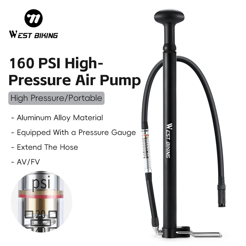 WEST BIKING 160PSI High-pressure Bike Air Pump AV/FV Aluminum Alloy Bicycle Pump With Pressure Gauge Portable Cycling Pump MegaBDM