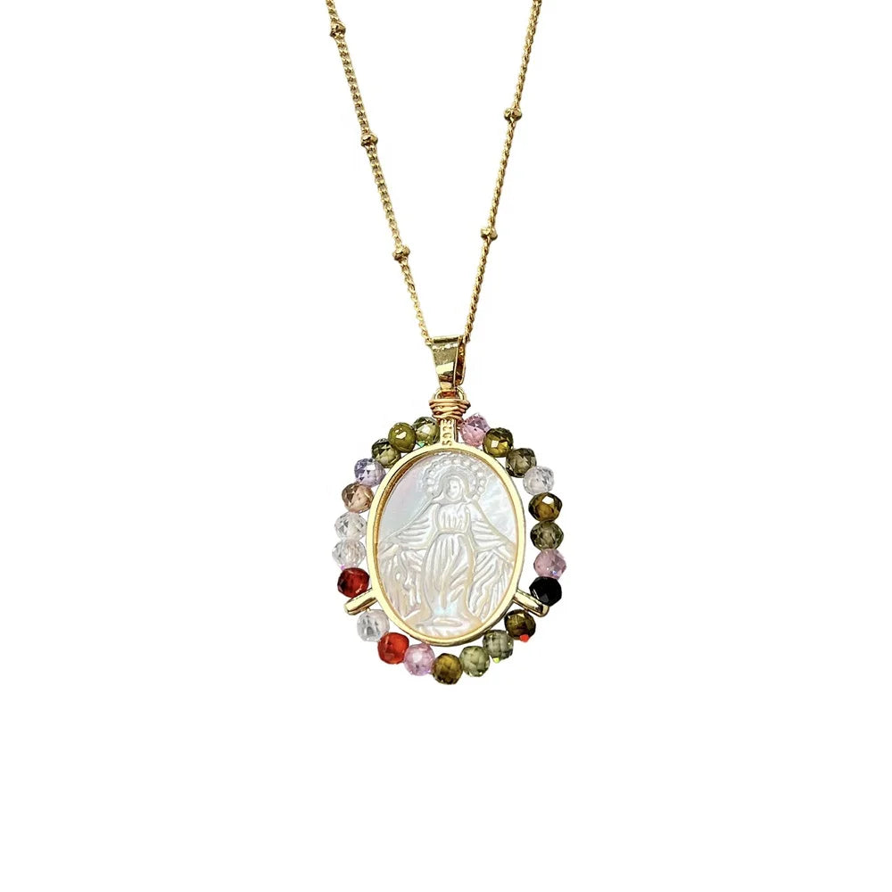Wholesale Oval Medal Sacred Virgin Mary Necklace Zircon Beads Mother Pearl Shell Pendant Neck Women