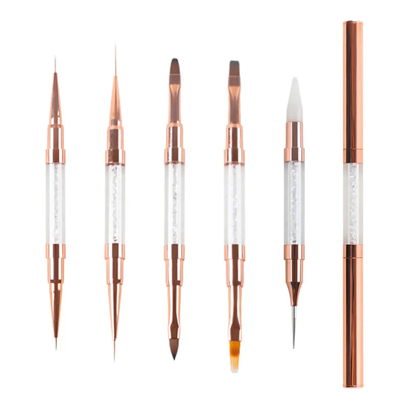 Custom Logo Private Label Nail Art Brush  Rose Gold Double Side UV Gel Liner 3d Brush Metal Handle Nail Brush Set