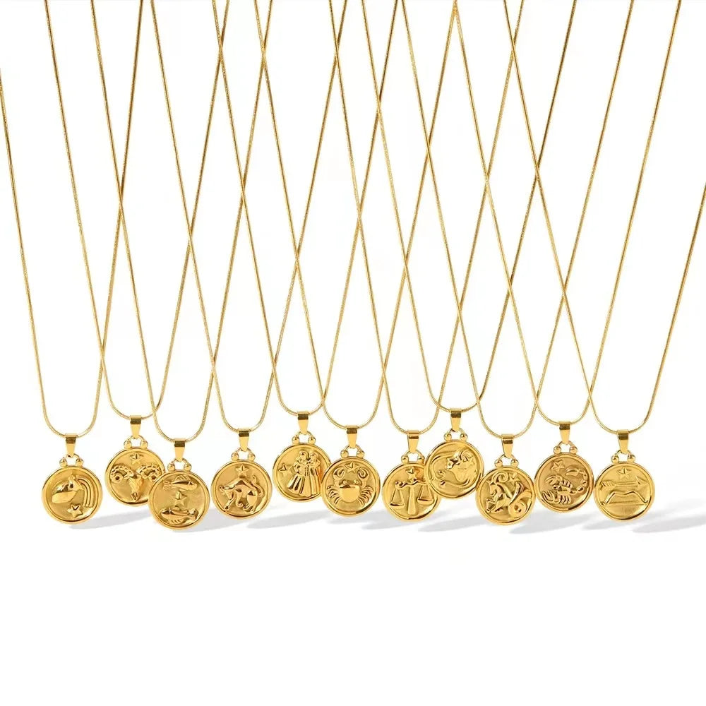 Hot Sale Stainless Steel 12 Zodiac Sign Necklace 18K Real Gold Plated Zirconia Oval Metal Pendant Horoscope Necklaces New