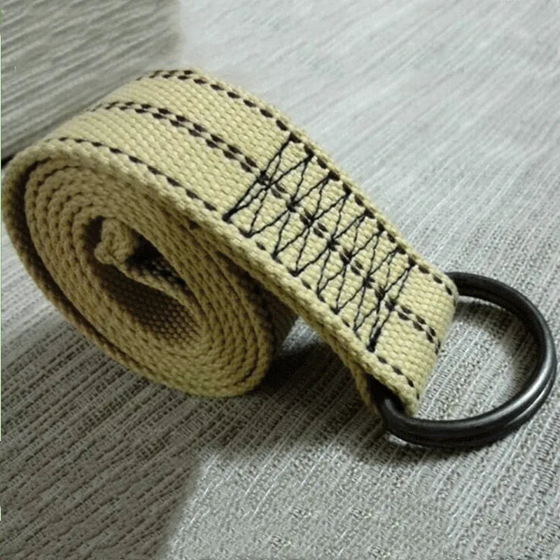 Custom Haorui HRCB14115 Khaki Sporty Iron Buckle Double D-Ring Fabric Jeans Canvas Belts for Men 120CM