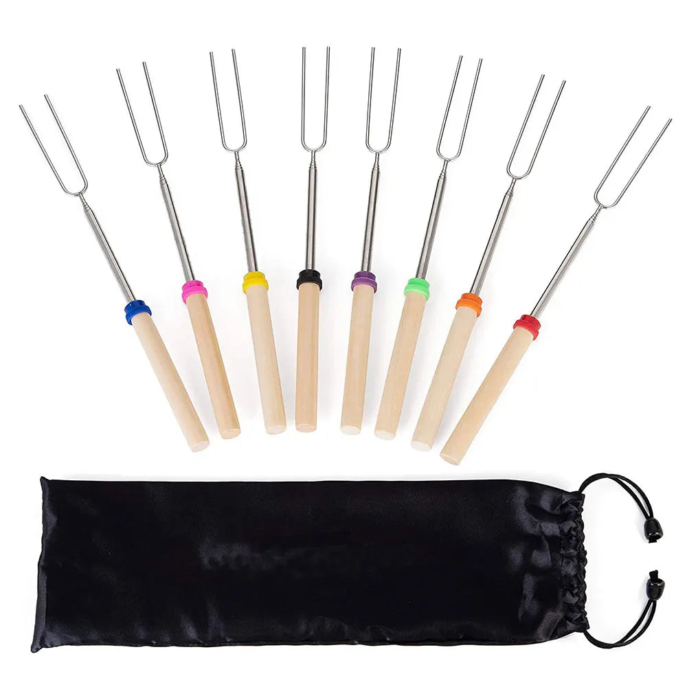 Kongbo Outdoor Stainless Steel Telescoping Wooden Marshmallow Forks Shrink Camping Skewers for BBQ
