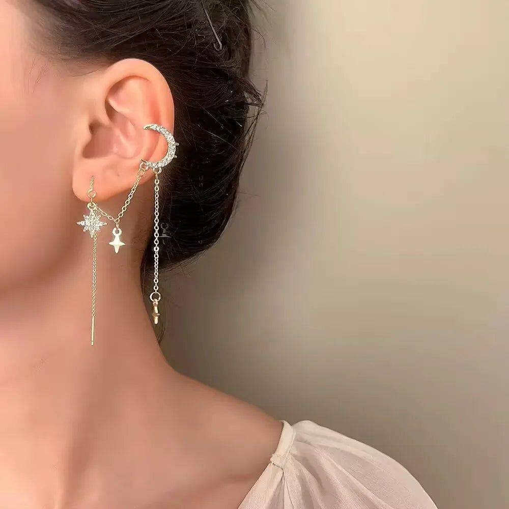 Gold Pave Moon Ear Cuff Earring With Long Chain Star Dainty Moon Trending Chain Earrings