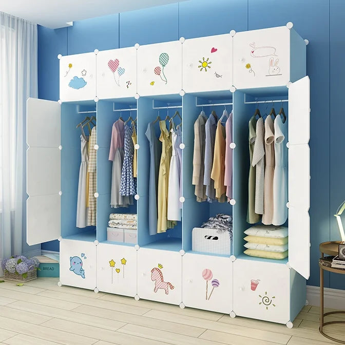 Factory Wholesale Baby Blue Diy Foldable Bedroom Wardrobe Closet White Door Cube Modern Portable Wardrobe for Dining Plastic