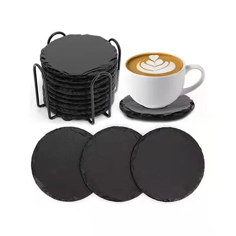 Hot Selling Circle Mini Word Theme Paint Round Slate Stone Mats Cheese Table Mat Placemat Effect Stamped Black Cup Coasters
