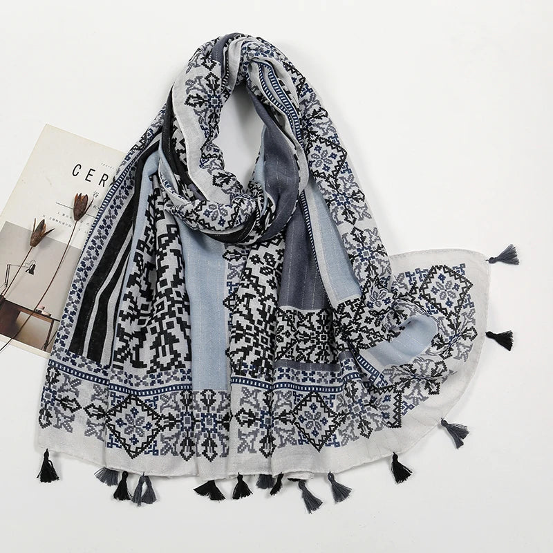 New Arrival Glitter Geometric Hijab Scarf Muslim Women Headscarf Hijab Soft Tassel Printed Hijab