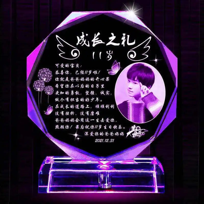 Wholesale Customized Laser Engraved Souvenir Desktop Decor Glass Crystal Award Trophy Custom Award Plaque With Led Light Base