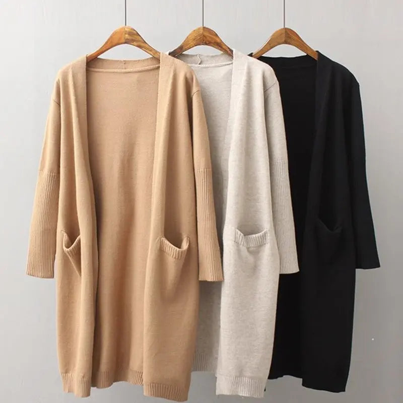 Women Solid Cardigan Sweater With Pocket Autumn Winter Fashion Open Front Sweaters Loose Knitting Female Tops Khaki