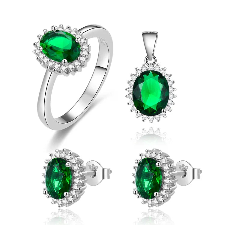Elegant 925 Sterling Silver Jewelry Set for Women Rhodium Plated Oval Emerald Gemstone Gold Plated for Gift