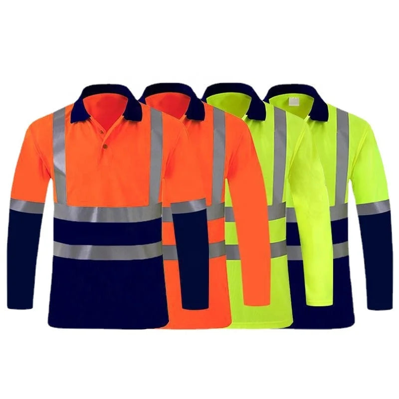 Hi Vis Orange Long-Sleeved Reflective Polo Shirt Customizable Safety Clothing with Fluorescent Work & Reflective Features
