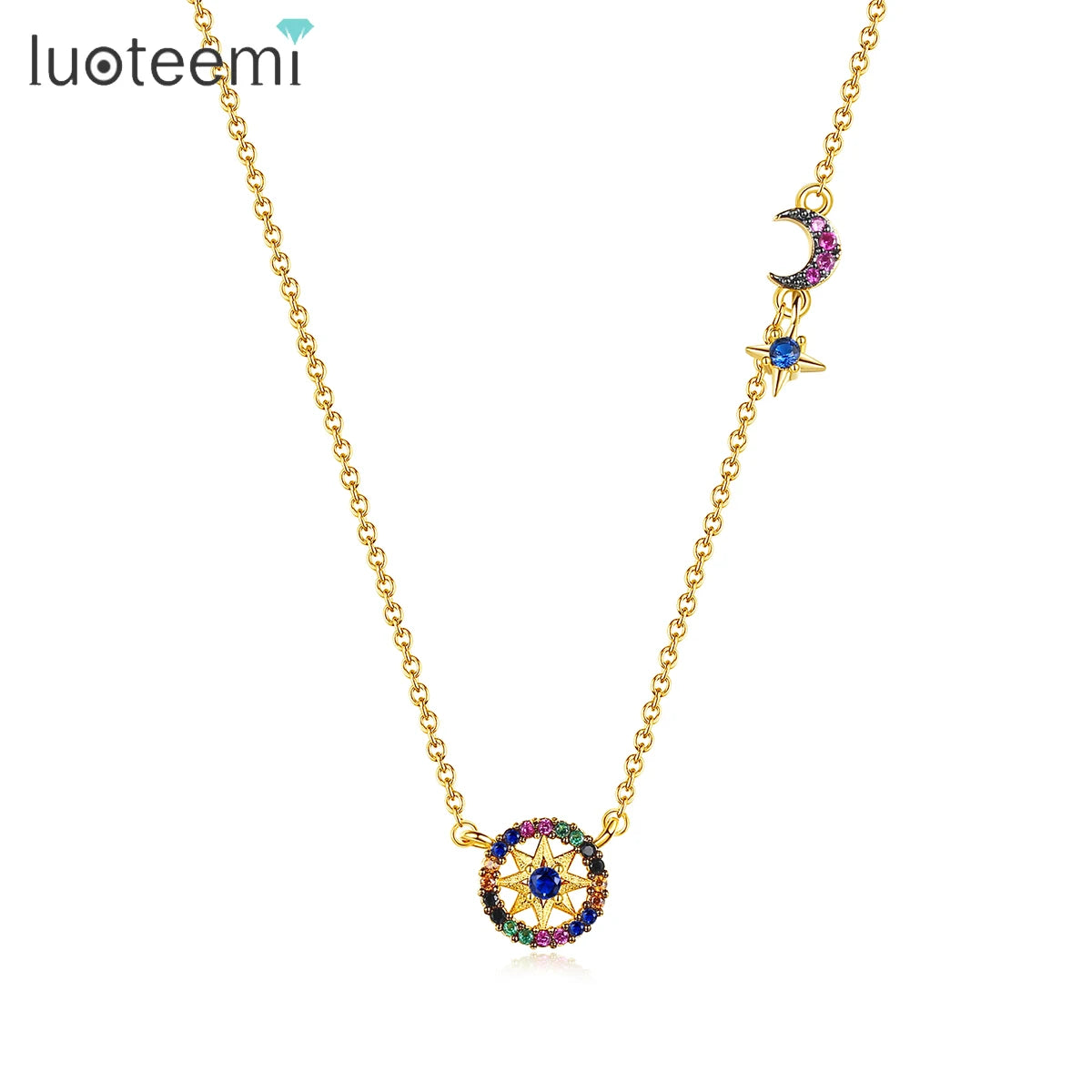 LUOTEEMI Customized Hawaiian Rainbow CZ Customized Hawaiian Necklace Moon and Star Pendant