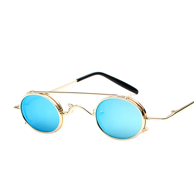 Double Bridge round Sunglasses for Women and Men Red Blue Cat3 UV400 Gold and Silver Metal Frame with Mirror Lenses