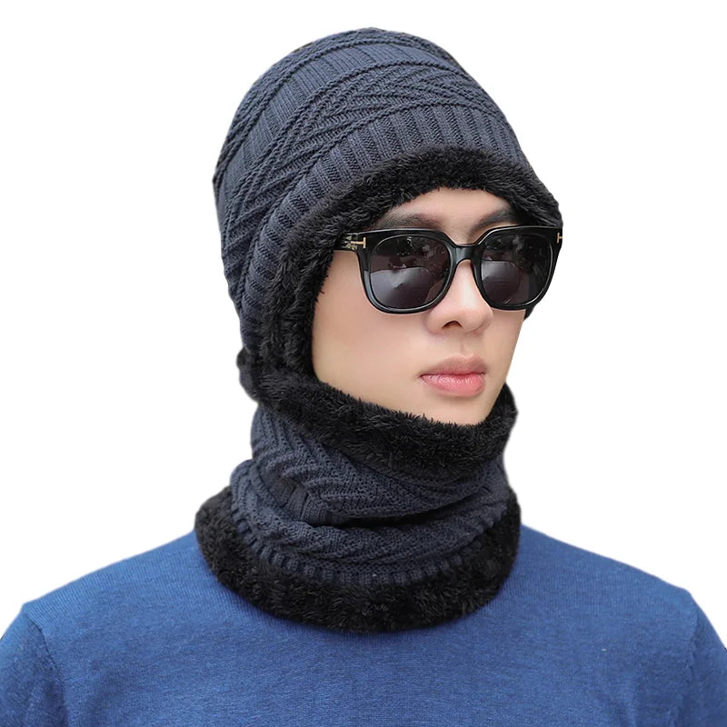 Wholesale Fashion Unisex Fleece Lining Winter Warm Men Knitting Beanie Hat and Scarf Set