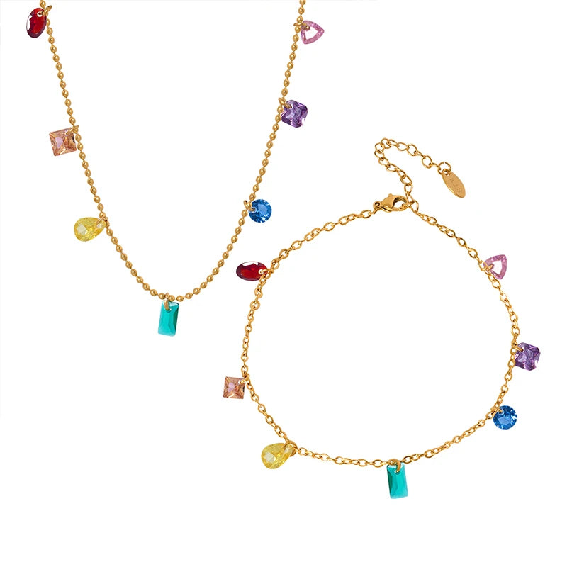 14K Gold Plated Fashion Stainless Steel Jewelry Set Holiday Style Bracelet Necklace and Pendant with Zircon Brilliant Stylish