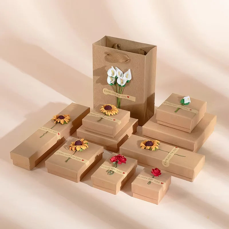 Wholesale Custom Printing logo Gift Packaging Decal Blank Space Cover Black Kraft Paper Pendant Ring Small Jewelry Paper Box