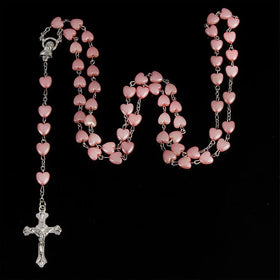 Hot Selling Catholic Virgin Mary Cross Pendant Necklace Religious Jewelry Long Pink Resin Heart Shaped Rosary Necklace for Women